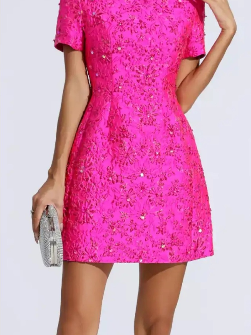 Pink Embellished Short Sleeve Cocktail Dress
